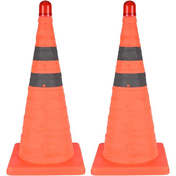 Set da 2 coni stradali pieghevoli da 50 cm con lampada di sicurezza e bande riflettenti – Cono di segnalazione compatto per auto ed emergenze