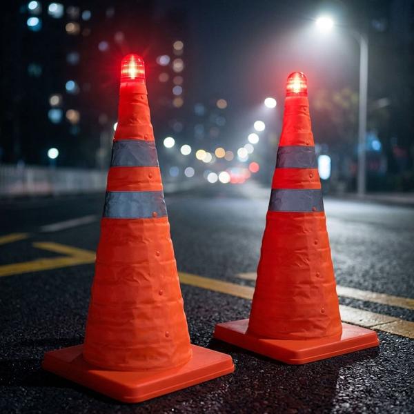 Set da 2 coni stradali pieghevoli da 50 cm con lampada di sicurezza e bande riflettenti – Cono di segnalazione compatto per auto ed emergenze