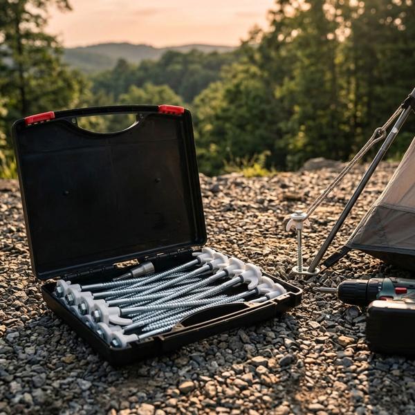 Practical screw peg set, 20 pieces with adapter for tent & awning – sturdy 20.5 cm screw pegs for camping on any ground