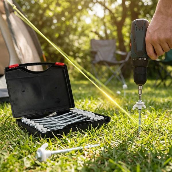 Practical screw peg set, 20 pieces with adapter for tent & awning – sturdy 20.5 cm screw pegs for camping on any ground