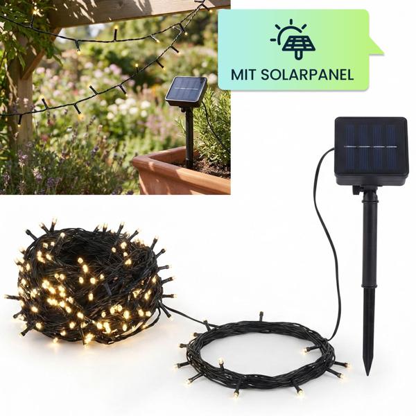2er-Set Solar Lichterkette mit je 100 warmweissen LEDs für den Aussenbereich: je 12,5m Gesamtlänge, automatischer Dämmerungssensor, ideal für Garten, Balkon & Terrasse