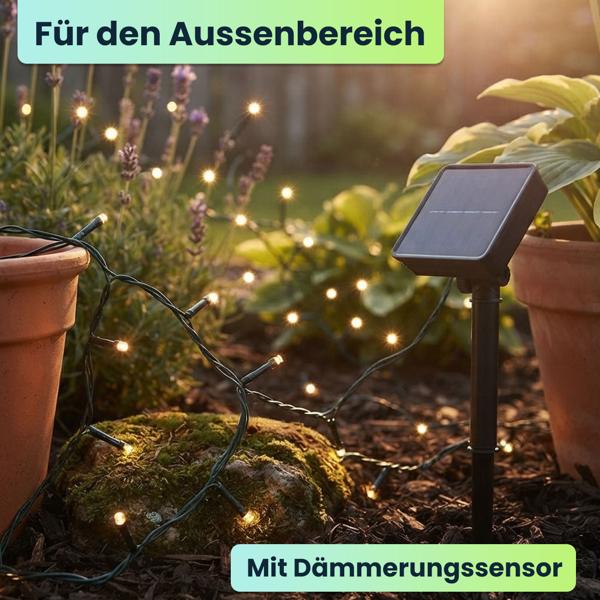 2er-Set Solar Lichterkette mit je 100 warmweissen LEDs für den Aussenbereich: je 12,5m Gesamtlänge, automatischer Dämmerungssensor, ideal für Garten, Balkon & Terrasse