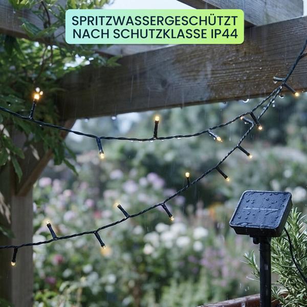 2er-Set Solar Lichterkette mit je 100 warmweissen LEDs für den Aussenbereich: je 12,5m Gesamtlänge, automatischer Dämmerungssensor, ideal für Garten, Balkon & Terrasse