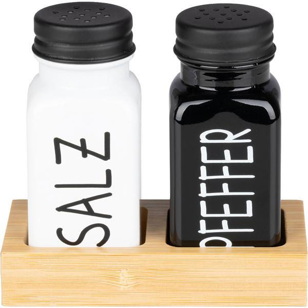 Set spezie e menage 4 pezzi – caraffa per olio e aceto & saliera e pepiera con supporto in bambù, moderno design bianco‑nero per cucina e tavolo da pranzo