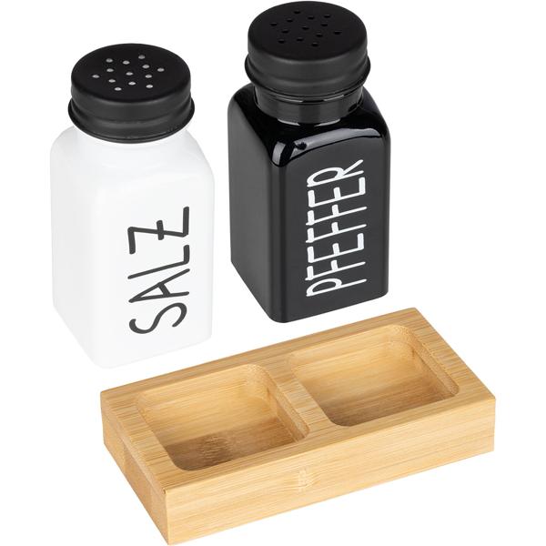Set spezie e menage 4 pezzi – caraffa per olio e aceto & saliera e pepiera con supporto in bambù, moderno design bianco‑nero per cucina e tavolo da pranzo