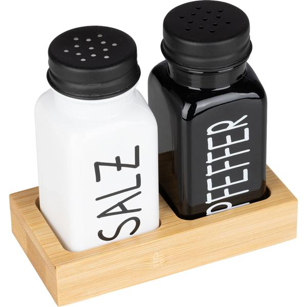 Set spezie e menage 4 pezzi – caraffa per olio e aceto & saliera e pepiera con supporto in bambù, moderno design bianco‑nero per cucina e tavolo da pranzo