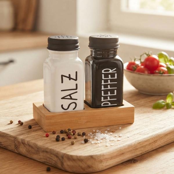 Set spezie e menage 4 pezzi – caraffa per olio e aceto & saliera e pepiera con supporto in bambù, moderno design bianco‑nero per cucina e tavolo da pranzo