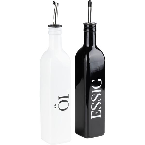 Set spezie e menage 4 pezzi – caraffa per olio e aceto & saliera e pepiera con supporto in bambù, moderno design bianco‑nero per cucina e tavolo da pranzo