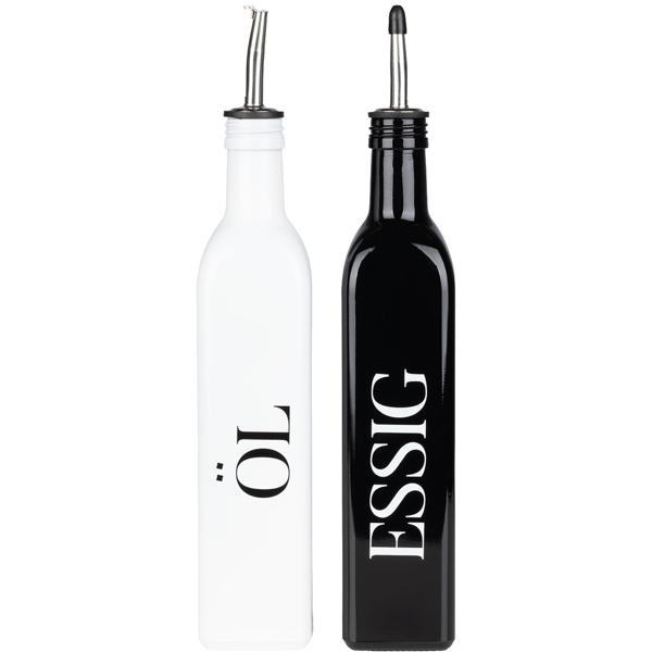 Set spezie e menage 4 pezzi – caraffa per olio e aceto & saliera e pepiera con supporto in bambù, moderno design bianco‑nero per cucina e tavolo da pranzo