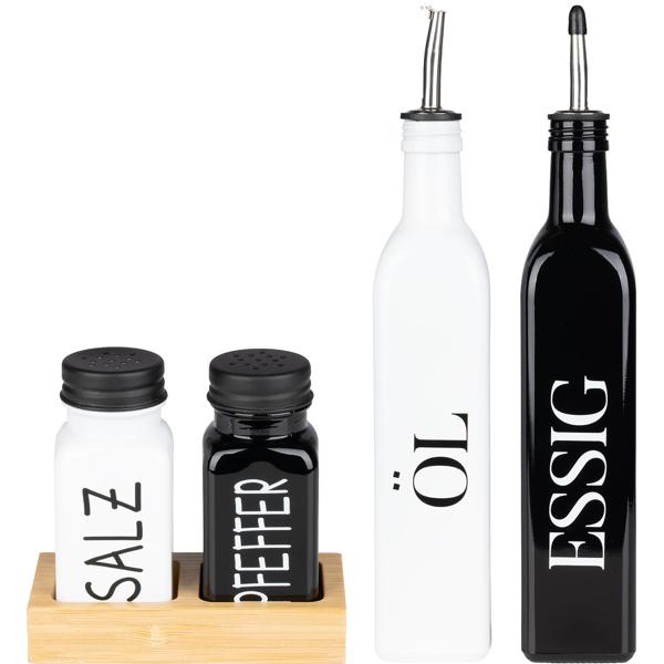Set spezie e menage 4 pezzi – caraffa per olio e aceto & saliera e pepiera con supporto in bambù, moderno design bianco‑nero per cucina e tavolo da pranzo