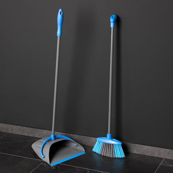 Sweeping set with long handle, standing dustpan and broom for back-friendly sweeping, ergonomic blue and grey set, dustpan approx. 95 cm