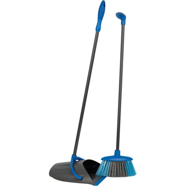 Sweeping set with long handle, standing dustpan and broom for back-friendly sweeping, ergonomic blue and grey set, dustpan approx. 95 cm