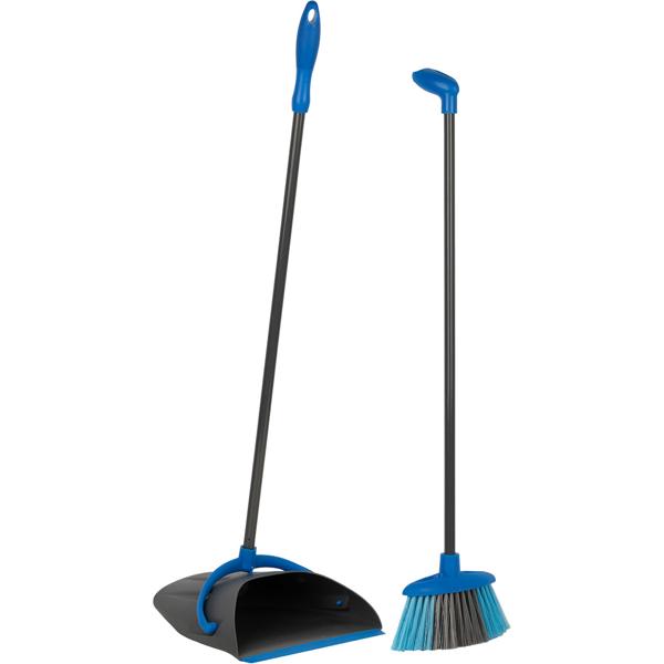 Sweeping set with long handle, standing dustpan and broom for back-friendly sweeping, ergonomic blue and grey set, dustpan approx. 95 cm