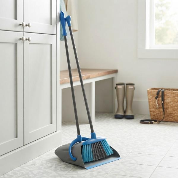 Sweeping set with long handle, standing dustpan and broom for back-friendly sweeping, ergonomic blue and grey set, dustpan approx. 95 cm