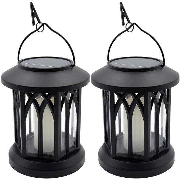 Set of 2 LED solar lanterns with retro housing for garden and balcony, with white LED candle and flame effect, 12 warm white SMD LEDs, for standing or hanging