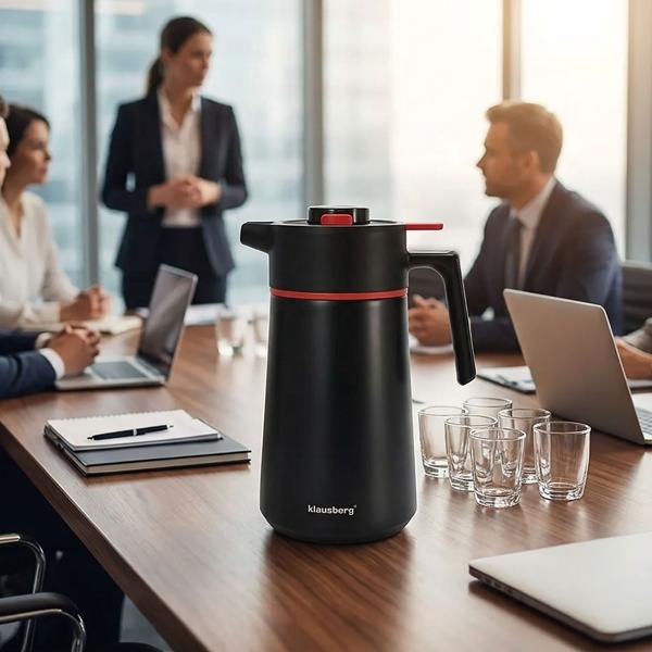 Thermos per conferenze 2,5 L in acciaio inox nero-rosso – caraffa termica priva di BPA con chiusura automatica monomano e ampia apertura per bevande calde e fredde