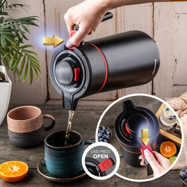 Thermos per conferenze 2,5 L in acciaio inox nero-rosso – caraffa termica priva di BPA con chiusura automatica monomano e ampia apertura per bevande calde e fredde