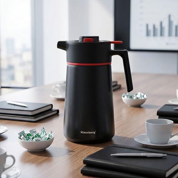 Thermos de conférence 2,5 L en inox noir-rouge – carafe isotherme sans BPA avec système automatique utilisable à une main et large ouverture pour boissons chaudes et froides