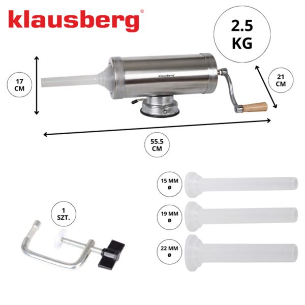 Manual sausage maker 2.5 kg stainless steel with 3 filling tubes Ø15, 19, 22 mm – sausage stuffer with hand crank, suction cup & clamp mount