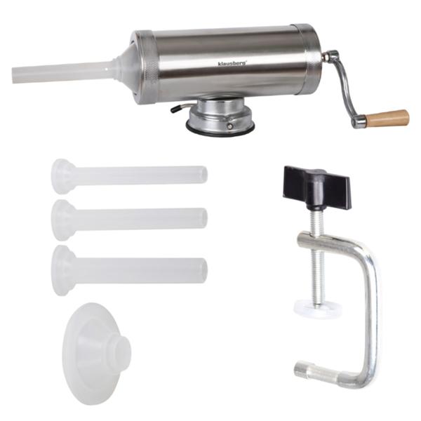 Manual sausage maker 2.5 kg stainless steel with 3 filling tubes Ø15, 19, 22 mm – sausage stuffer with hand crank, suction cup & clamp mount