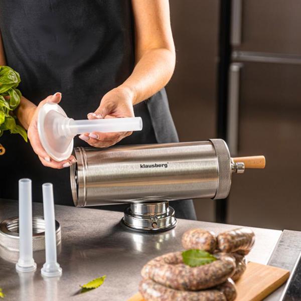 Manual sausage maker 2.5 kg stainless steel with 3 filling tubes Ø15, 19, 22 mm – sausage stuffer with hand crank, suction cup & clamp mount
