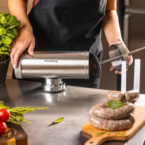 Manual sausage maker 2.5 kg stainless steel with 3 filling tubes Ø15, 19, 22 mm – sausage stuffer with hand crank, suction cup & clamp mount