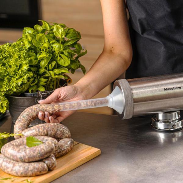 Manual sausage maker 2.5 kg stainless steel with 3 filling tubes Ø15, 19, 22 mm – sausage stuffer with hand crank, suction cup & clamp mount