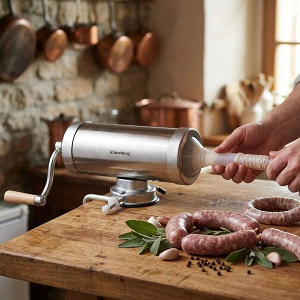 Manual sausage maker 2.5 kg stainless steel with 3 filling tubes Ø15, 19, 22 mm – sausage stuffer with hand crank, suction cup & clamp mount