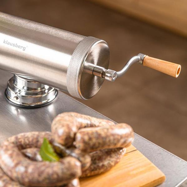 Manual sausage maker 2.5 kg stainless steel with 3 filling tubes Ø15, 19, 22 mm – sausage stuffer with hand crank, suction cup & clamp mount