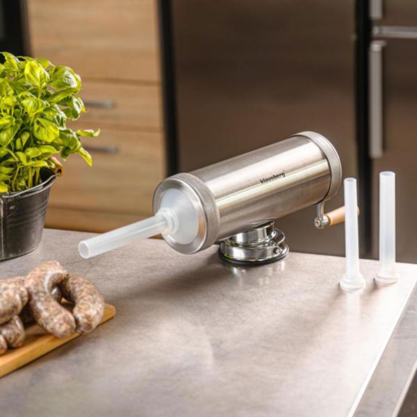 Manual sausage maker 2.5 kg stainless steel with 3 filling tubes Ø15, 19, 22 mm – sausage stuffer with hand crank, suction cup & clamp mount