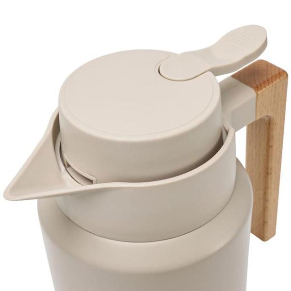 Caraffa termica per conferenze 2L acciaio inox beige-legno – caraffa isolante priva di BPA con sistema one-press a una mano e manico in vero legno per bevande calde e fredde