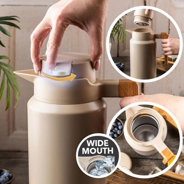 Caraffa termica per conferenze 2L acciaio inox beige-legno – caraffa isolante priva di BPA con sistema one-press a una mano e manico in vero legno per bevande calde e fredde