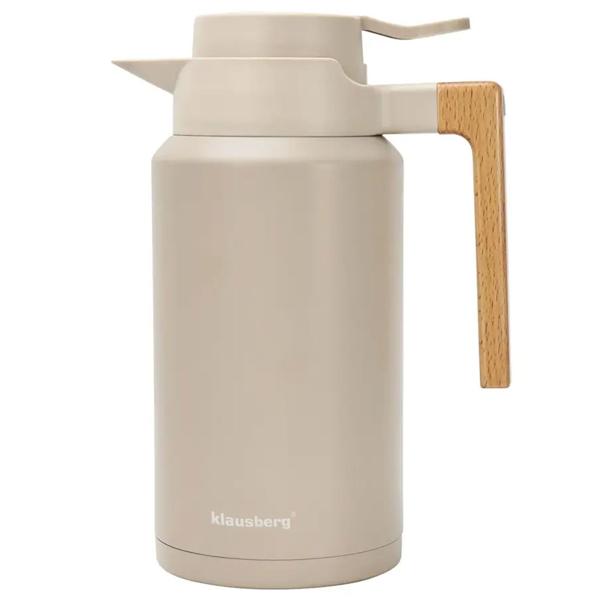 Thermos de conférence 2L acier inox beige-bois – carafe isotherme sans BPA avec ouverture one-press à une main et poignée en bois véritable pour boissons chaudes et froides