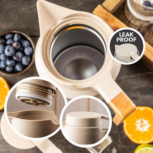 Caraffa termica per conferenze 2L acciaio inox beige-legno – caraffa isolante priva di BPA con sistema one-press a una mano e manico in vero legno per bevande calde e fredde