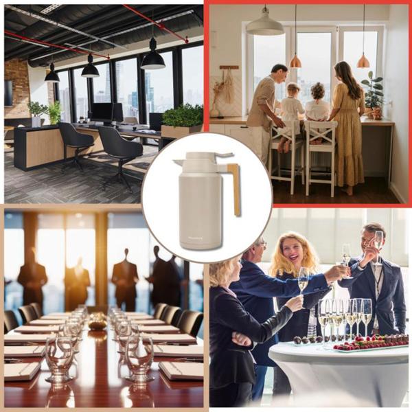 Caraffa termica per conferenze 2L acciaio inox beige-legno – caraffa isolante priva di BPA con sistema one-press a una mano e manico in vero legno per bevande calde e fredde