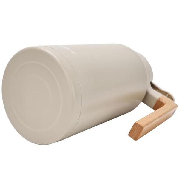 Caraffa termica per conferenze 2L acciaio inox beige-legno – caraffa isolante priva di BPA con sistema one-press a una mano e manico in vero legno per bevande calde e fredde
