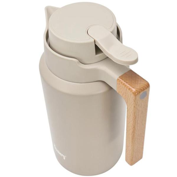 Caraffa termica per conferenze 2L acciaio inox beige-legno – caraffa isolante priva di BPA con sistema one-press a una mano e manico in vero legno per bevande calde e fredde