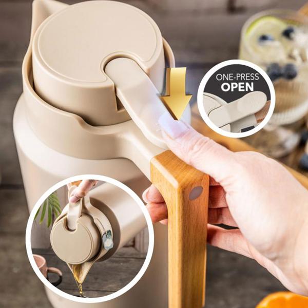 Caraffa termica per conferenze 2L acciaio inox beige-legno – caraffa isolante priva di BPA con sistema one-press a una mano e manico in vero legno per bevande calde e fredde
