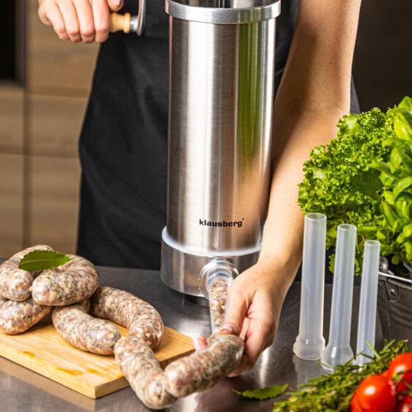 Manual sausage maker 3 kg stainless steel with 4 filling tubes Ø15, 19, 22, 25 mm – sausage filling machine with hand crank, suction base & clamp mounting