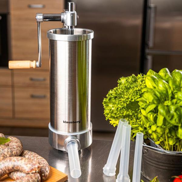 Manual sausage maker 3 kg stainless steel with 4 filling tubes Ø15, 19, 22, 25 mm – sausage filling machine with hand crank, suction base & clamp mounting