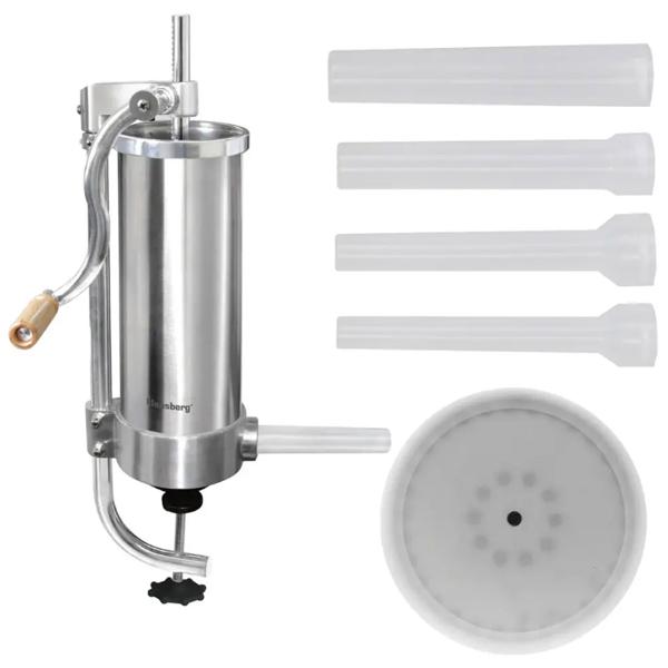 Manual sausage maker 3 kg stainless steel with 4 filling tubes Ø15, 19, 22, 25 mm – sausage filling machine with hand crank, suction base & clamp mounting