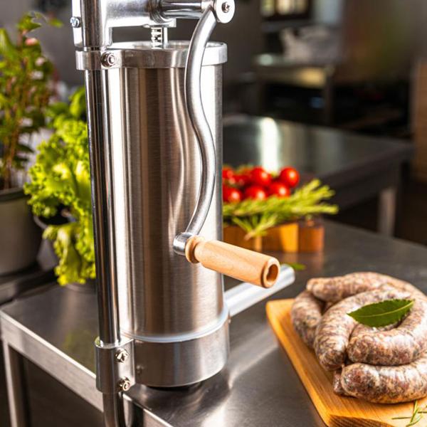 Manual sausage maker 3 kg stainless steel with 4 filling tubes Ø15, 19, 22, 25 mm – sausage filling machine with hand crank, suction base & clamp mounting