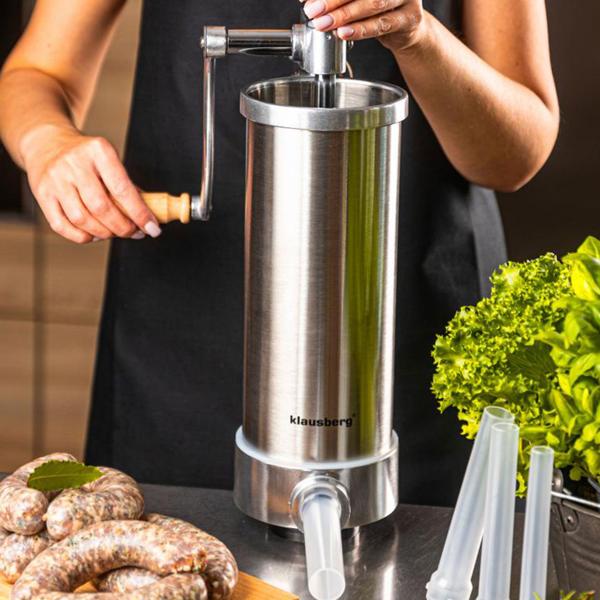 Manual sausage maker 3 kg stainless steel with 4 filling tubes Ø15, 19, 22, 25 mm – sausage filling machine with hand crank, suction base & clamp mounting