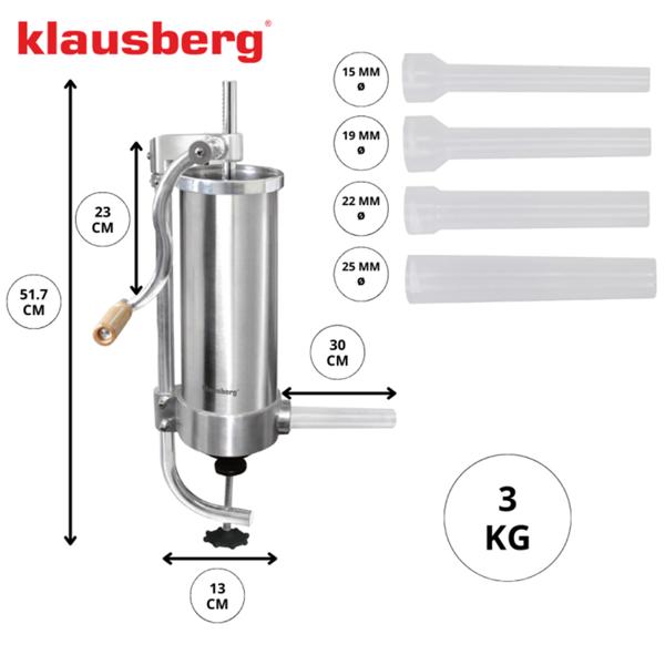 Manual sausage maker 3 kg stainless steel with 4 filling tubes Ø15, 19, 22, 25 mm – sausage filling machine with hand crank, suction base & clamp mounting