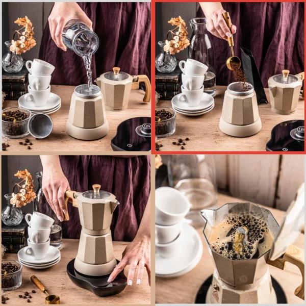 Machine à espresso électrique & cafetière moka beige : 500 W, 300 ml pour 6 tasses, élégante cafetière pour la maison
