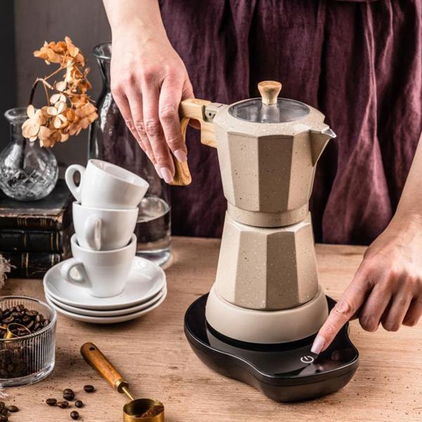 Machine à espresso électrique & cafetière moka beige : 500 W, 300 ml pour 6 tasses, élégante cafetière pour la maison