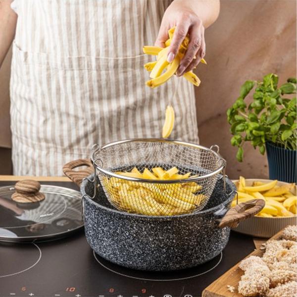 Versatile 24 cm 4L roasting pot with basket & glass lid for all hob types, ideal as deep fryer & cooking pot, frying pot, non-stick in black marble