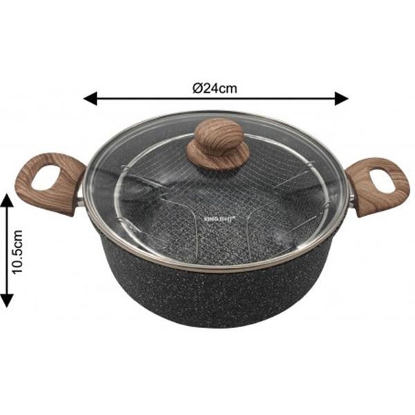 Versatile 24 cm 4L roasting pot with basket & glass lid for all hob types, ideal as deep fryer & cooking pot, frying pot, non-stick in black marble
