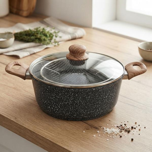 Versatile 24 cm 4L roasting pot with basket & glass lid for all hob types, ideal as deep fryer & cooking pot, frying pot, non-stick in black marble