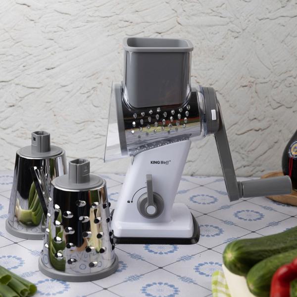 3-in-1 rotary grater with 3 interchangeable stainless-steel drums: for fruit, vegetables, cheese, chocolate & nuts – practical slicer for raw food